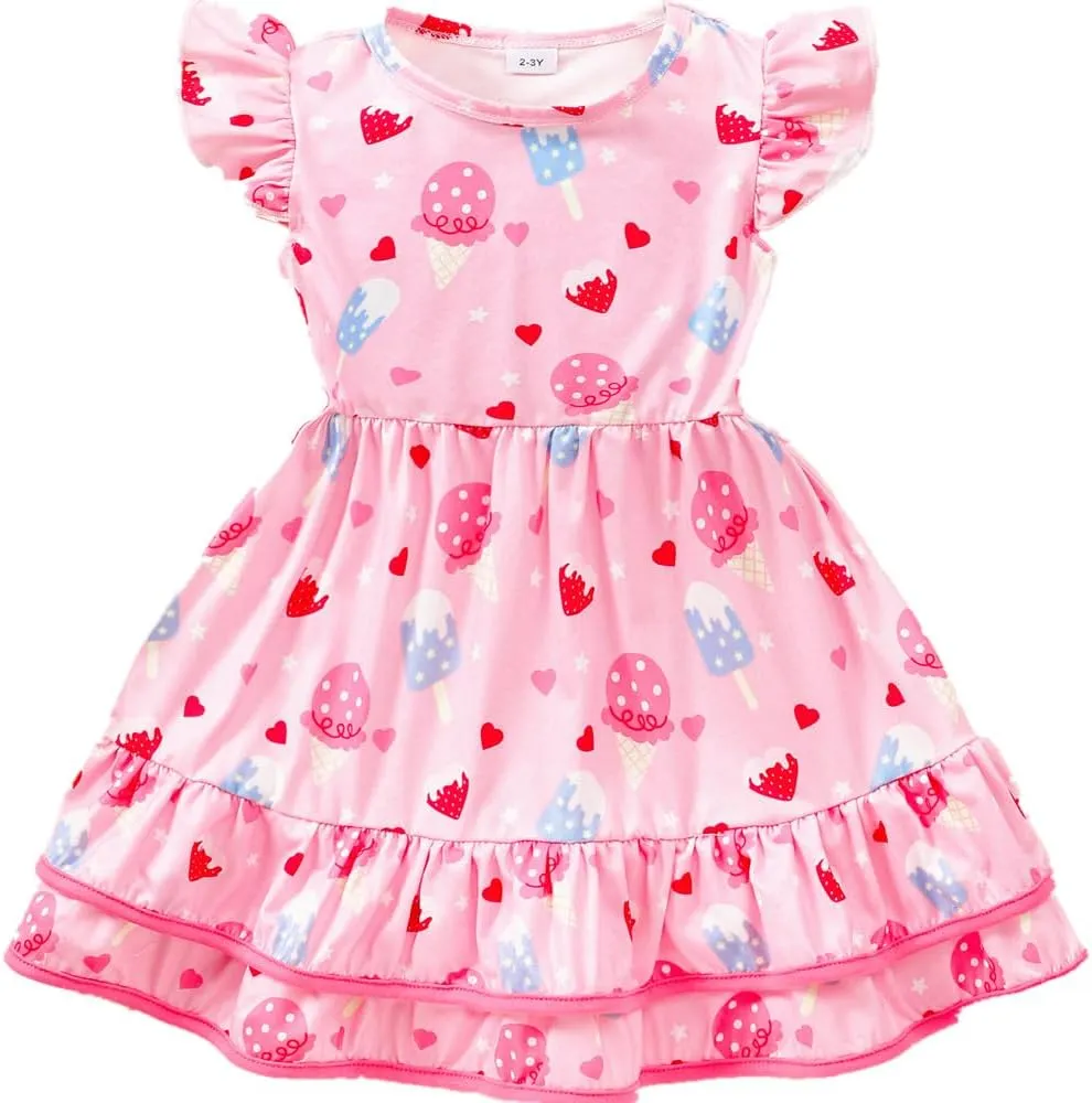 Toddler Little Girl Summer Dresses Kids Cute Casual Flutter Sleeve Tiered Smock Dress 2-7 Years
