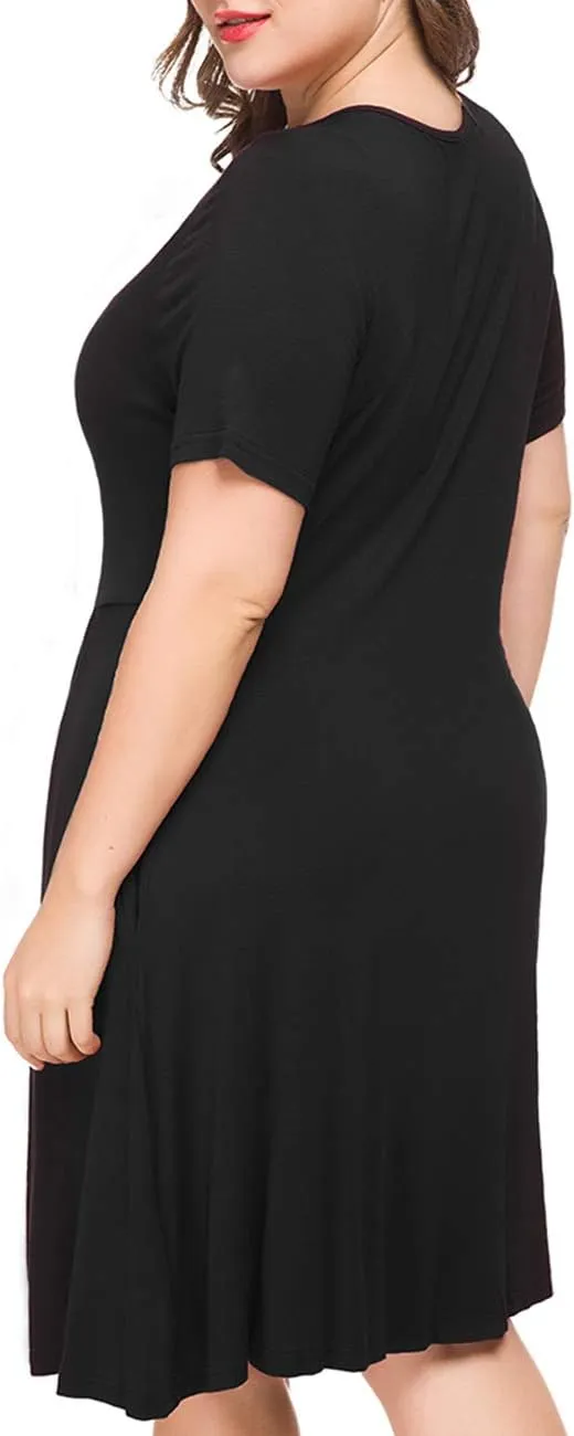 Tralilbee Women's Plus Size Short Sleeve Dress Casual Pleated Swing Dresses with Pockets
