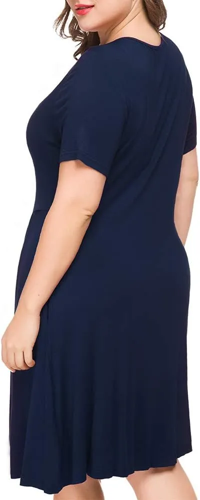 Tralilbee Women's Plus Size Short Sleeve Dress Casual Pleated Swing Dresses with Pockets