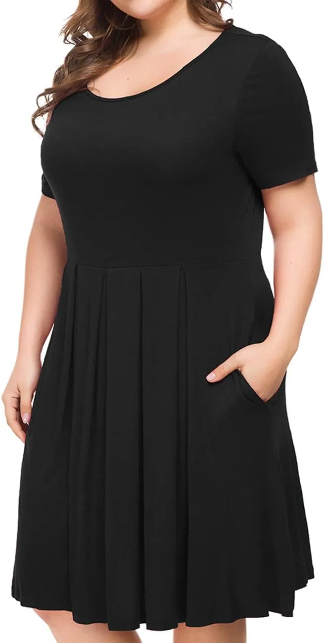 Tralilbee Women's Plus Size Short Sleeve Dress Casual Pleated Swing Dresses with Pockets