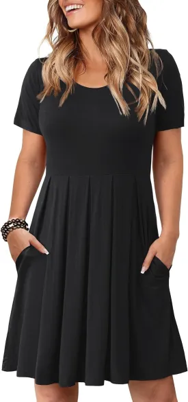 Tralilbee Women's Plus Size Short Sleeve Dress Casual Pleated Swing Dresses with Pockets