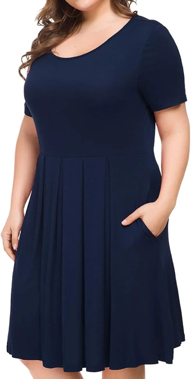 Tralilbee Women's Plus Size Short Sleeve Dress Casual Pleated Swing Dresses with Pockets