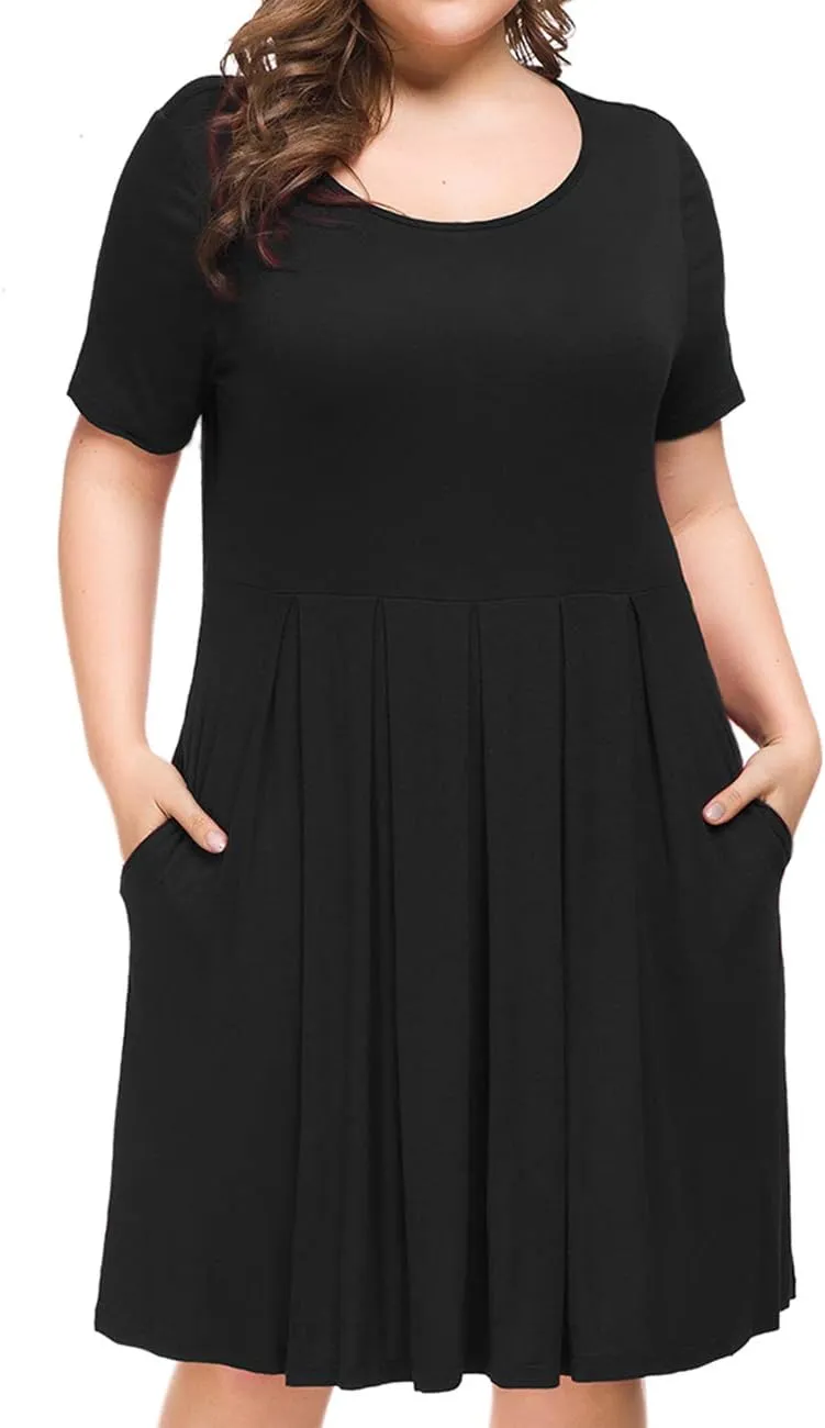 Tralilbee Women's Plus Size Short Sleeve Dress Casual Pleated Swing Dresses with Pockets