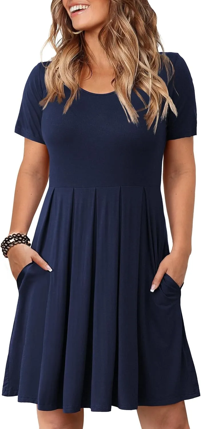 Tralilbee Women's Plus Size Short Sleeve Dress Casual Pleated Swing Dresses with Pockets