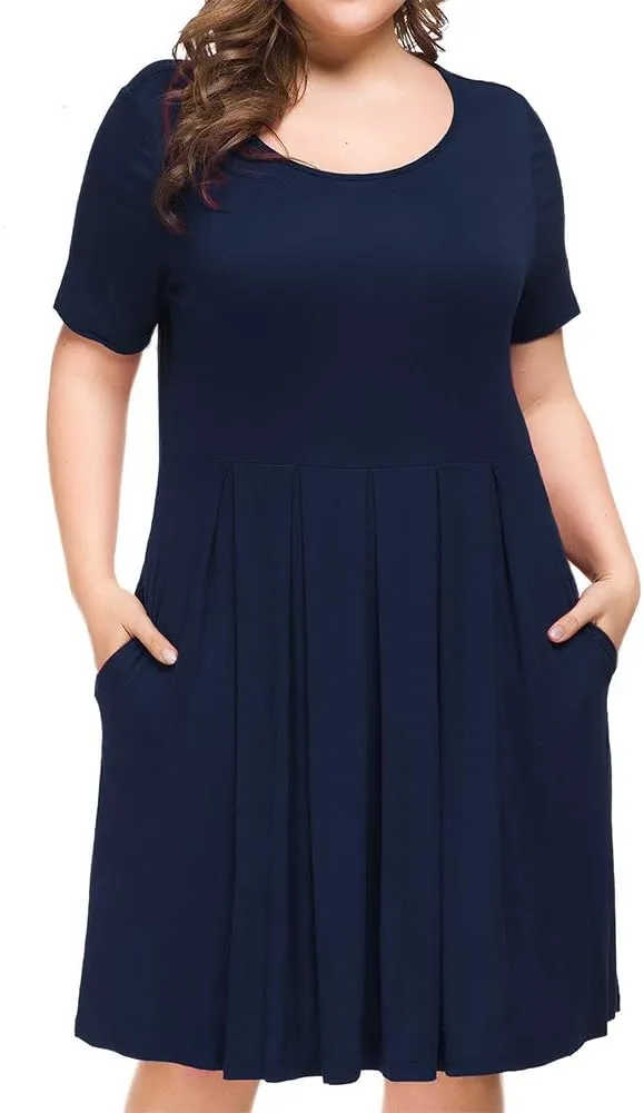 Tralilbee Women's Plus Size Short Sleeve Dress Casual Pleated Swing Dresses with Pockets