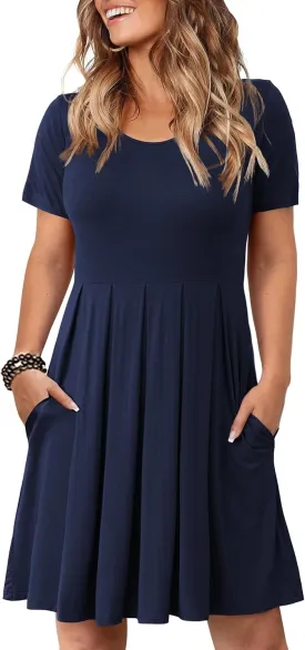 Tralilbee Women's Plus Size Short Sleeve Dress Casual Pleated Swing Dresses with Pockets