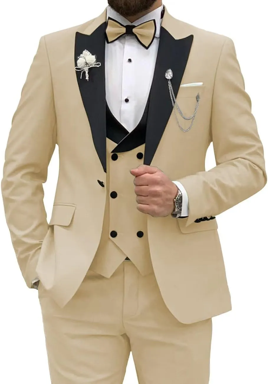Wangyue Men's Tuxedo Suit 3 Piece Slim Fit Suit for Men Tuxedo for Men Wedding Party Dinner Prom