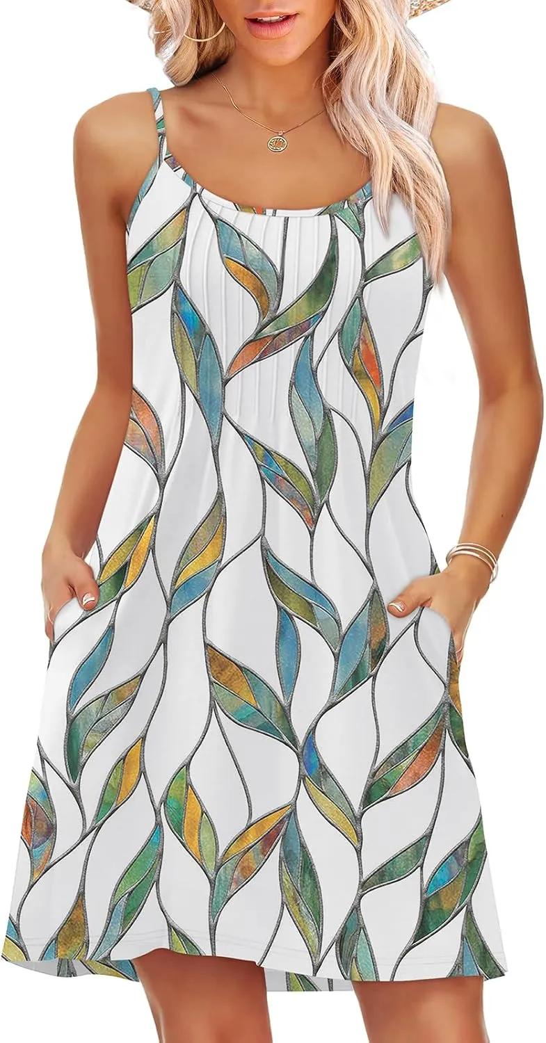 WEESO Summer Dresses for Women Adjustable Spaghetti Strap Beach Vacation Casual Cute Sundresses with Pockets