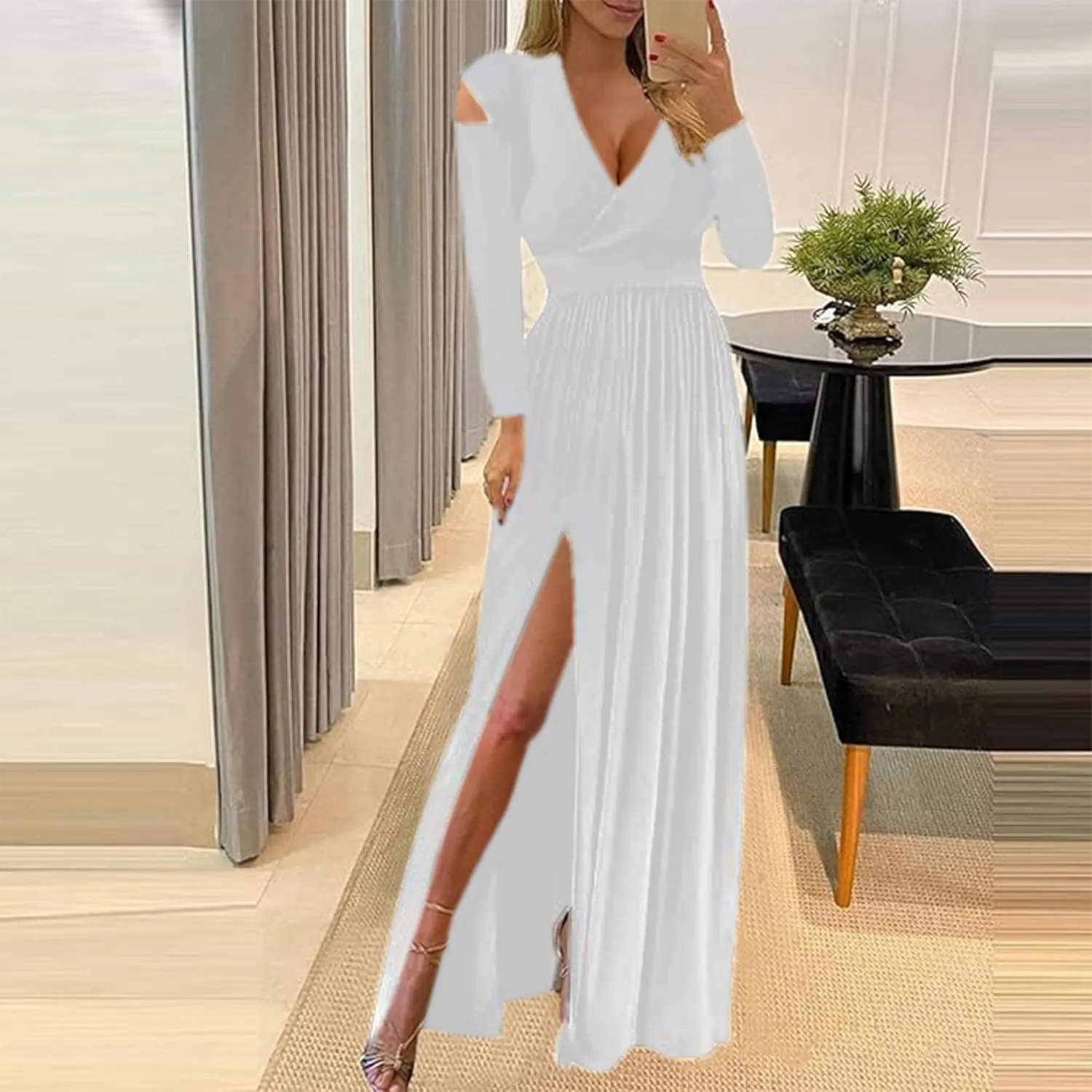 Women Long Sleeve Slit Maxi Long Dresses Deep V Neck Cold Shoulder Dress for Women Casual Fall Winter Evening Date