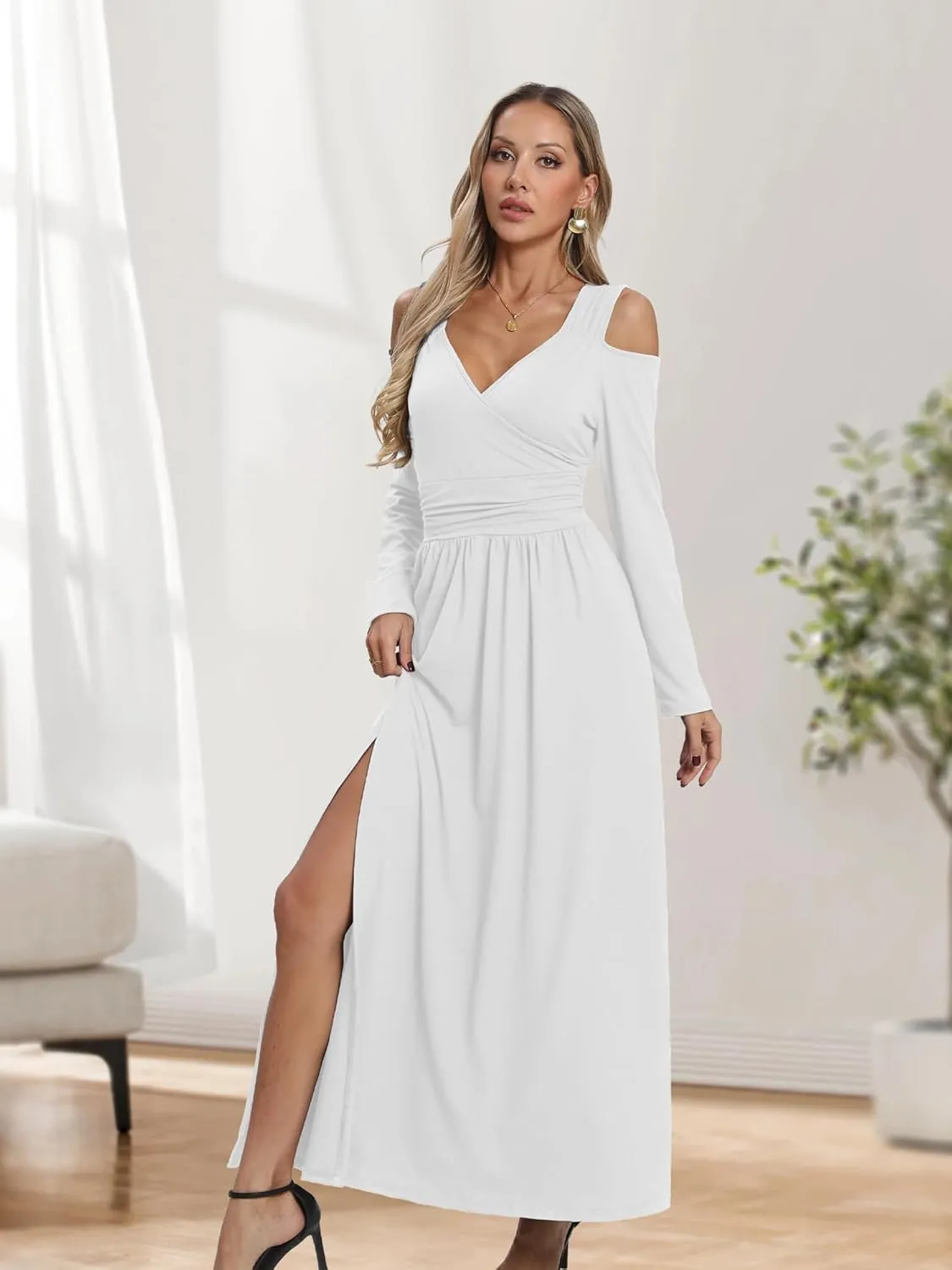 Women Long Sleeve Slit Maxi Long Dresses Deep V Neck Cold Shoulder Dress for Women Casual Fall Winter Evening Date