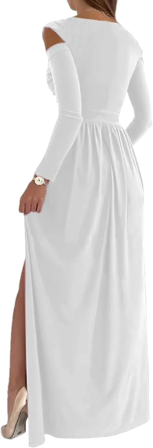 Women Long Sleeve Slit Maxi Long Dresses Deep V Neck Cold Shoulder Dress for Women Casual Fall Winter Evening Date