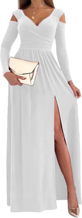Women Long Sleeve Slit Maxi Long Dresses Deep V Neck Cold Shoulder Dress for Women Casual Fall Winter Evening Date