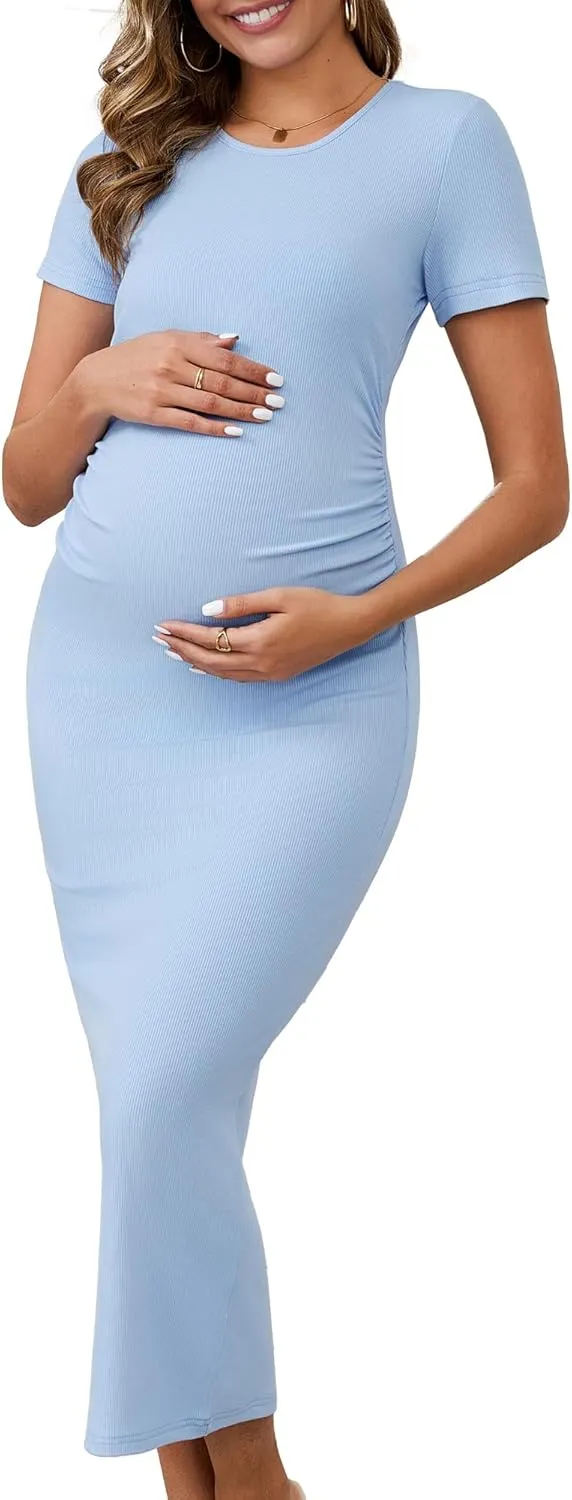 Women Maternity Dress Bodycon Midi Side Ruched Ribbed Short Sleeve Cocktail Pregnancy Photoshoot Wedding