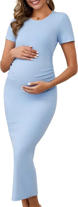 Women Maternity Dress Bodycon Midi Side Ruched Ribbed Short Sleeve Cocktail Pregnancy Photoshoot Wedding