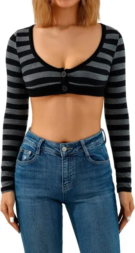 Women Striped Shrug Crop Tops, U-Neck Button Up Long Sleeve Slim Fit Vintage T Shirt Y2K Cover Ups