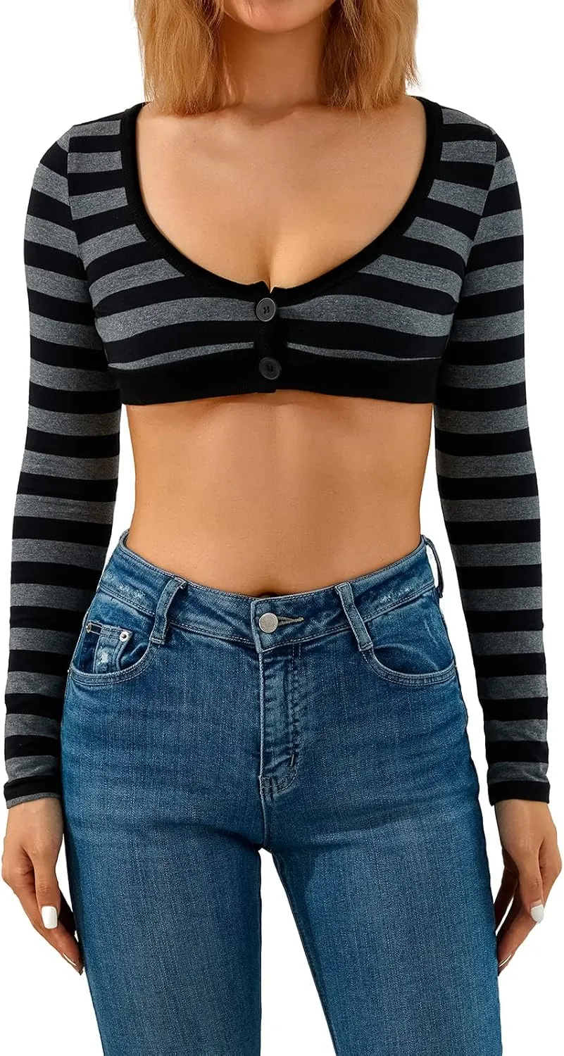 Women Striped Shrug Crop Tops, U-Neck Button Up Long Sleeve Slim Fit Vintage T Shirt Y2K Cover Ups