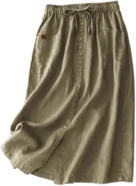 Womens Cotton Linen Skirts Casual A-Line High Elastic Waist Skirt with Slit