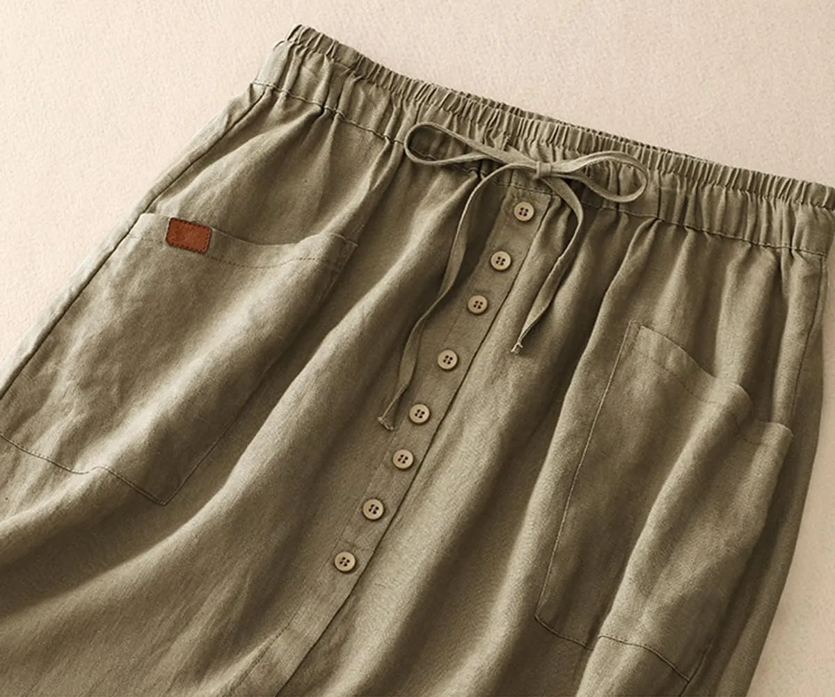 Womens Cotton Linen Skirts Casual A-Line High Elastic Waist Skirt with Slit