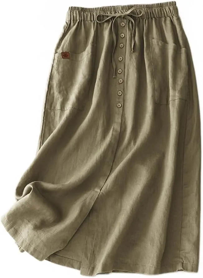Womens Cotton Linen Skirts Casual A-Line High Elastic Waist Skirt with Slit