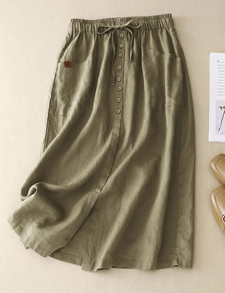 Womens Cotton Linen Skirts Casual A-Line High Elastic Waist Skirt with Slit