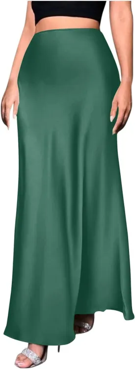 Women's Long Satin Skirt with Zipper High Waisted Flared Casual A Line Maxi Silk Skirts Party Wedding Dress