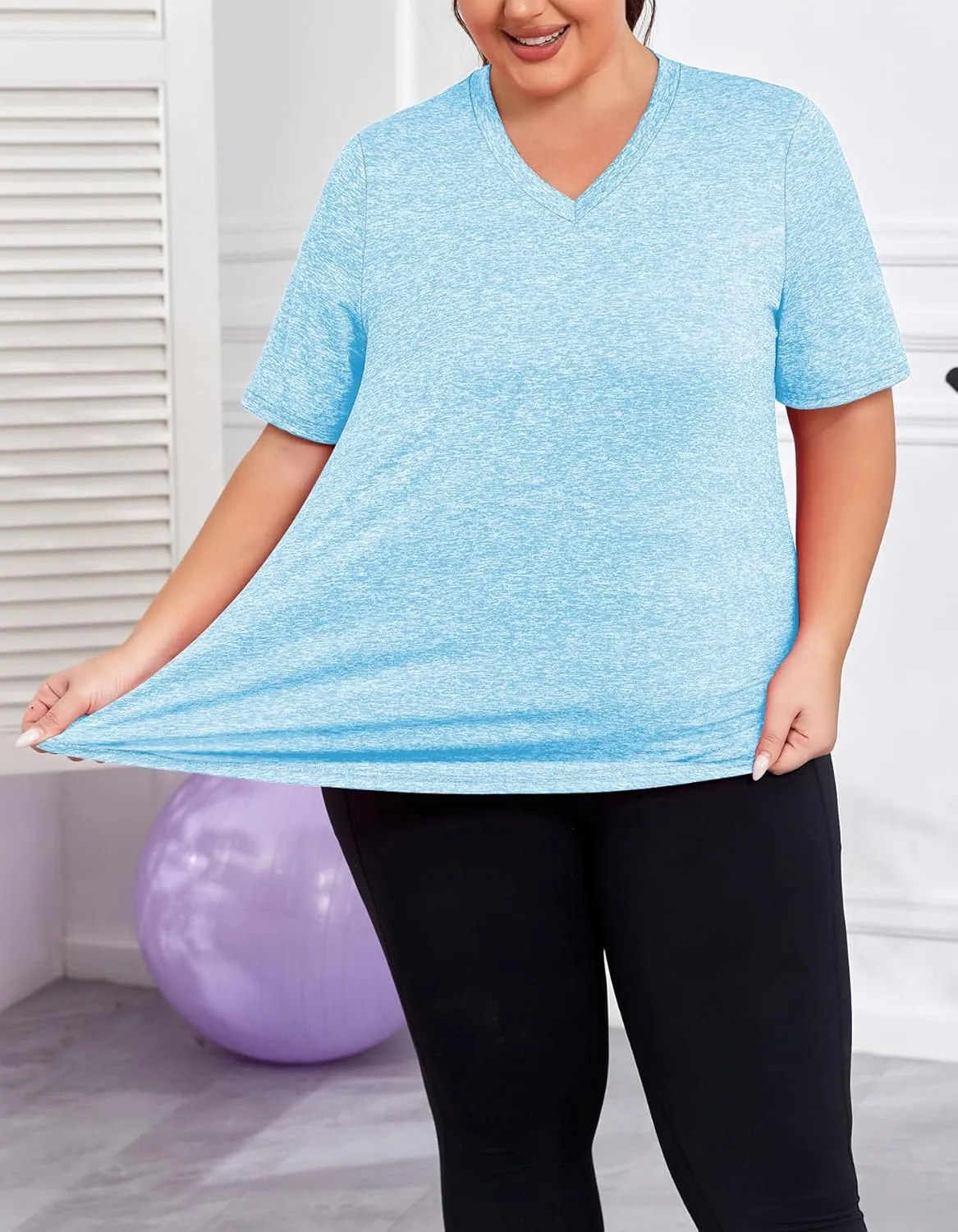 Women's Plus Size Workout Tops V Neck T Shirts Loose Fit Yoga Clothing Summer Sport Tee XL - 5XL