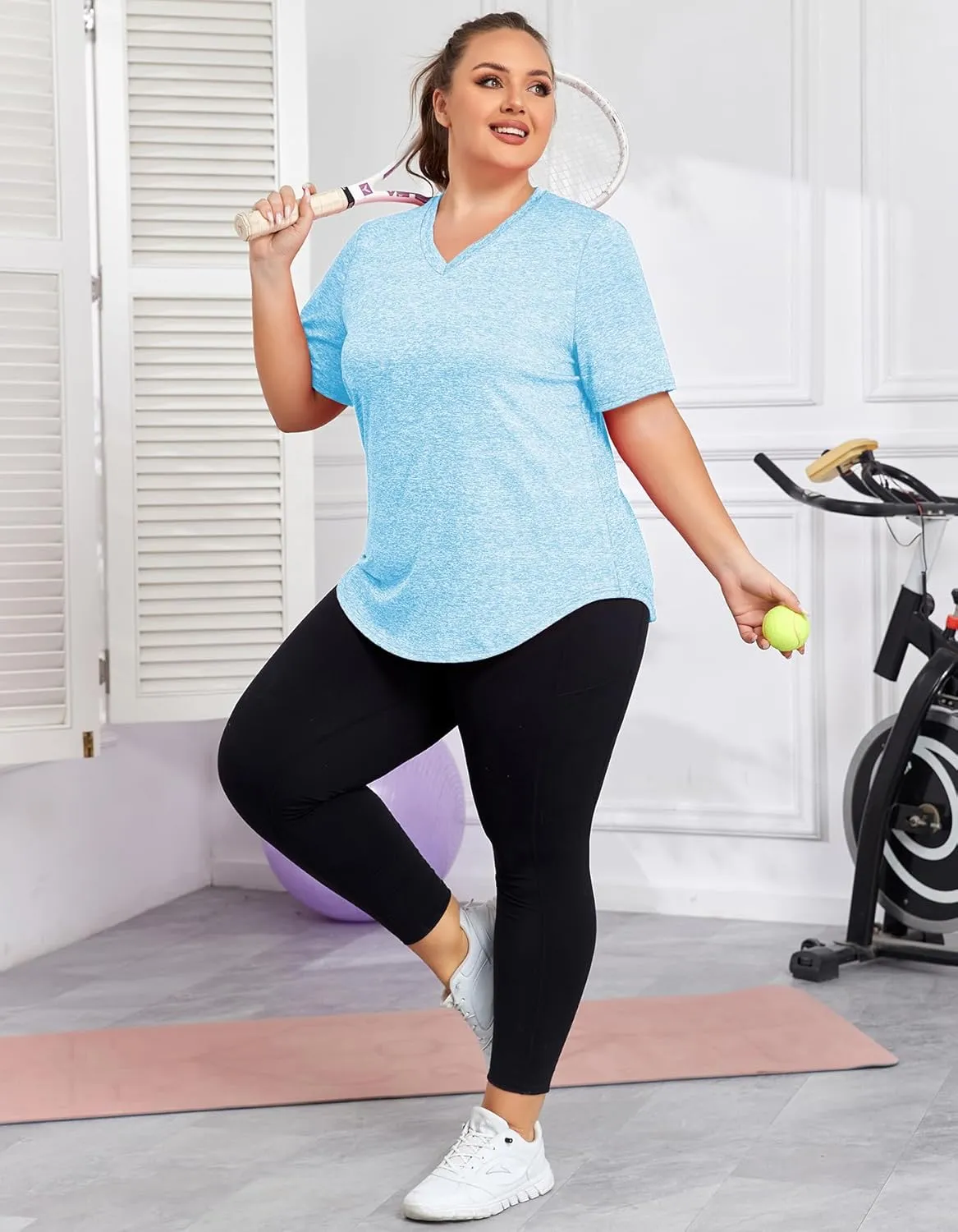 Women's Plus Size Workout Tops V Neck T Shirts Loose Fit Yoga Clothing Summer Sport Tee XL - 5XL