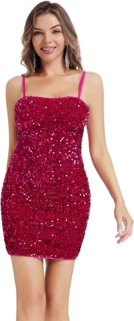 Women's Sequin Dress Sexy Sparkly Glitter Short Velvet Night Out Party Club Adjustable Spaghetti Straps Bodycon Mini Dresses